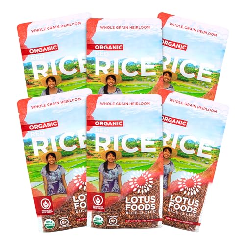 Lotus Foods Organic Red Rice - Red Rice Organic, Rice Red, Whole Grain Rice, Long Grain Asian Sticky Rice, USDA Organic, Non-GMO, Gluten Free - 15 Oz Bag (Pack of 6)