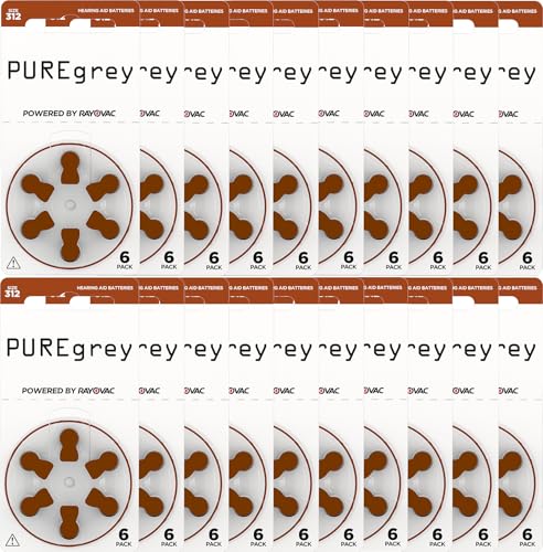 PUREgrey - Pilas para audífonos tipo 312-120 unidades diseñadas para el máximo rendimiento, paquete de 20 blísteres de 6 pilas para audífonos, código de color marrón PR41, 1,45 V