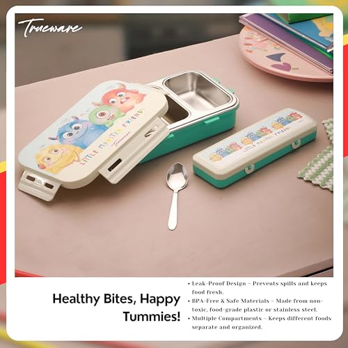 Image of Trueware Pluto Lunch Box 2 Compartment Leak-Proof BPA Free Stainless Steel, Lunch Box for Kids, Lunch Box for School & Office with a Spoon, 580 ML