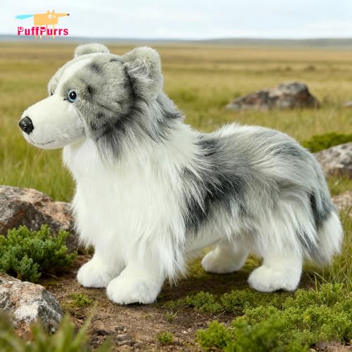 PuffPurrs Lebensechtes Merle Border Collie Plüschtier, Realistischer Blue Merle Border Collie Teddy, Süßer außergewöhnlich intelligenter Hund Kissen-Geschenk, 23 cm