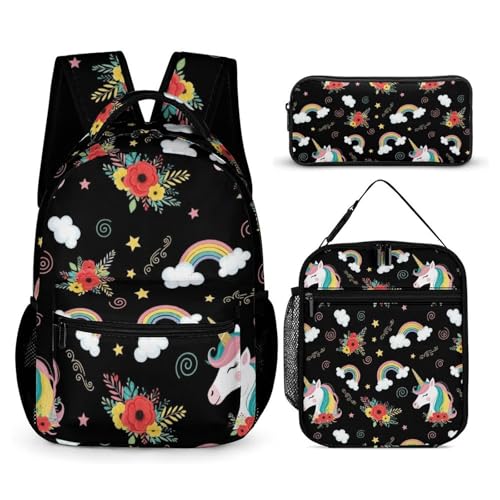Bookbag Set Daypack with Lunch Box Makeup Bags Shoulder Bags with Lunch Bag Cosmetic Bag Cute Unicorns (28) Backpack Set