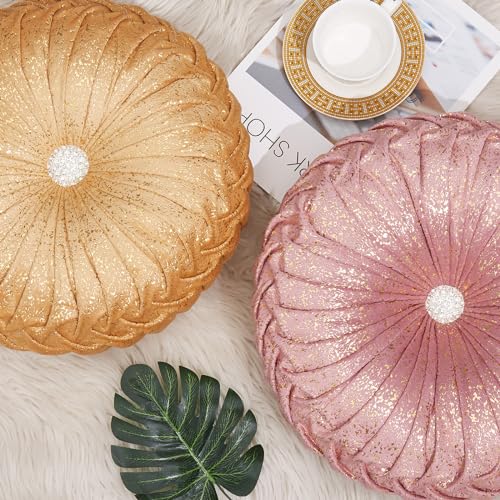 Image of EUCIOR Round Throw Pillows,Golden Throw Pillows,Soft Spandex Velvet Fabric,Pumpkin Pleated Handmade Gold Round Velvet Decorative Pillow for Sofa Bedroom Livingroom(Golden)