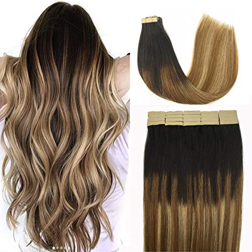 Human Hair Extensions Tape in 50g 20pcs?Dark Brown to Chestnut Brown and Dirty Blonde Balayage Hair Extensions 22inch?Straight Tape in Natural Hair Real Natural Hair Extensions