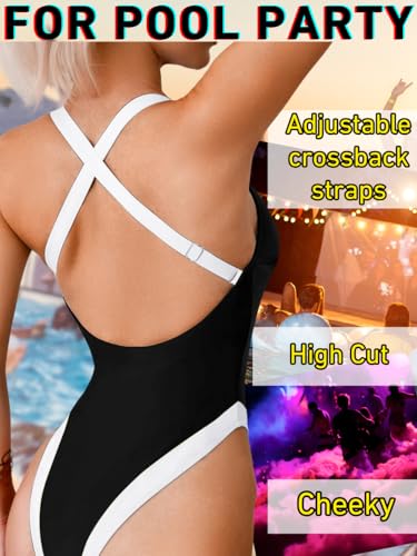 Color Block Swimsuit, Plunge V Neck High Cut, Pool Party Vacation, Sexy Backless One Piece Bathing Suit Cheeky3