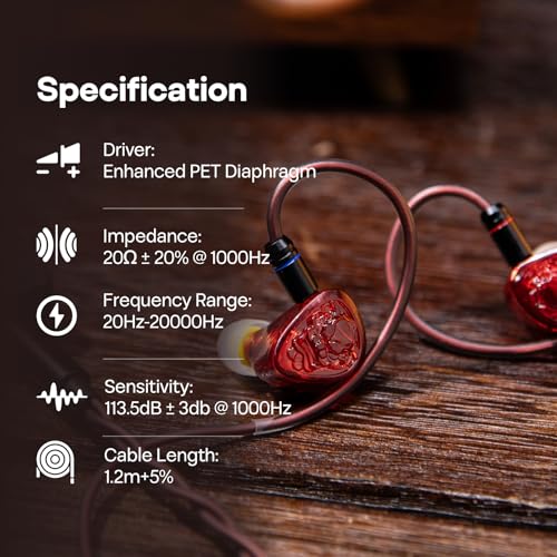 Image of Linsoul TANGZU Wan'er S.G II in Ear Monitor,HiFi Wired Earbuds,10mm Dynamic Driver PET Diaphragm Gaming IEM Earphones with 2Pin Detachable OFC Cable for Audiophile DJ Stage (Red Lion, 3.5mm No Mic)
