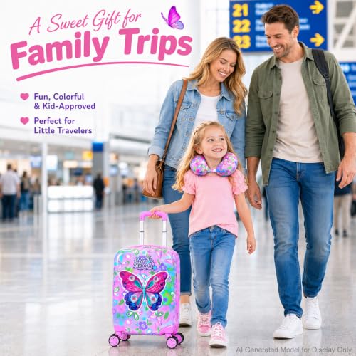 Image of CCJPX 5Pcs Kids Luggage Set, 16 inch Girls Travel Suitcase with Spinner Wheels, Butterfly Hardside Carry on Toddler Rolling Suitcase Airline Approved(Pink)