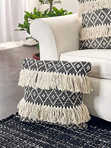 Image of Cushion - Boho Handloom Cotton Cushion Covers - Set of 3, Square Decorative Pillow Cases Sofa, Couch, Chair, Kitchen, Bedroom, Room, Office, 16x16 Inches, Premium