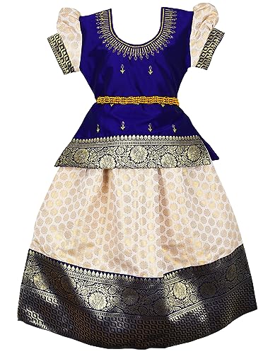 Image of AMIRTHA FASHION New south Indian onam kerala traditional pattu pavadai pattu langa voni Lehenga choli for girls dress (Blue)