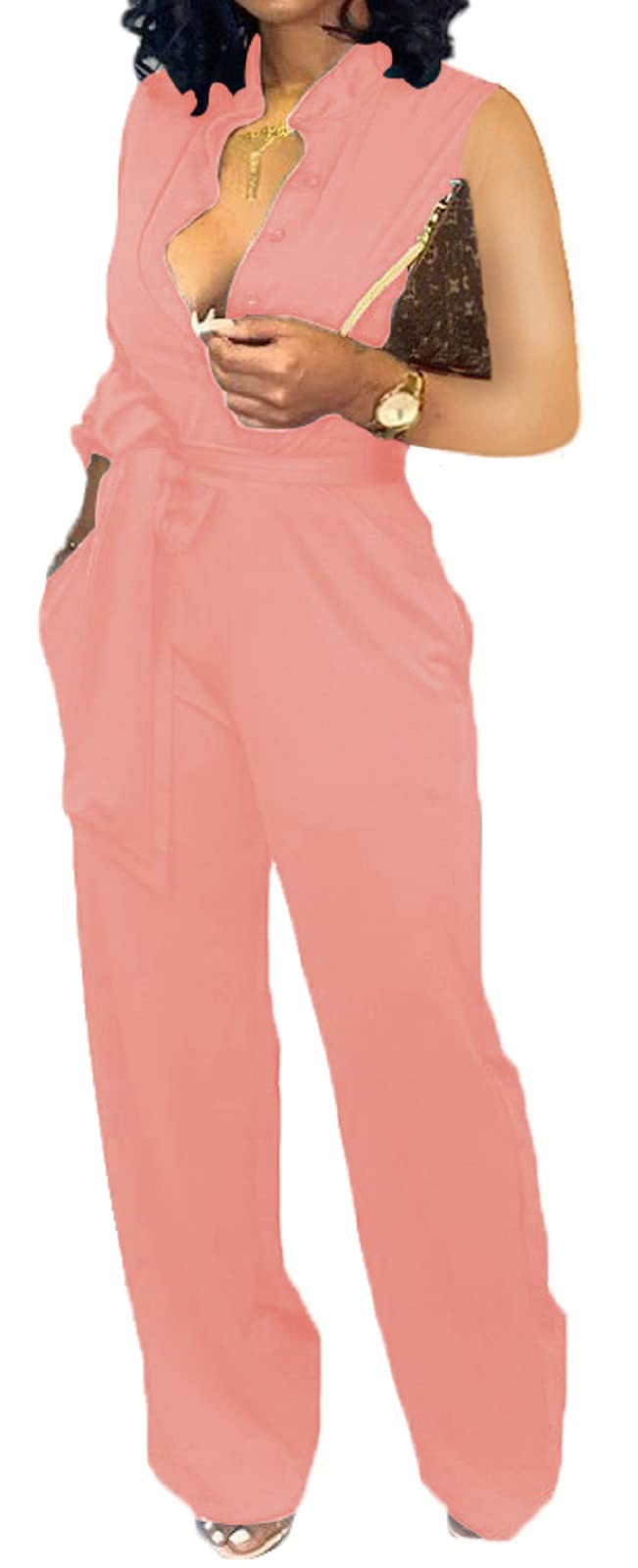 SeNight Women's Business Jumpsuits For Elegant V Neck Button Down Sleeveless Sexy Pink Solid Color Strap Straight Long Pants Rompers With Pockets