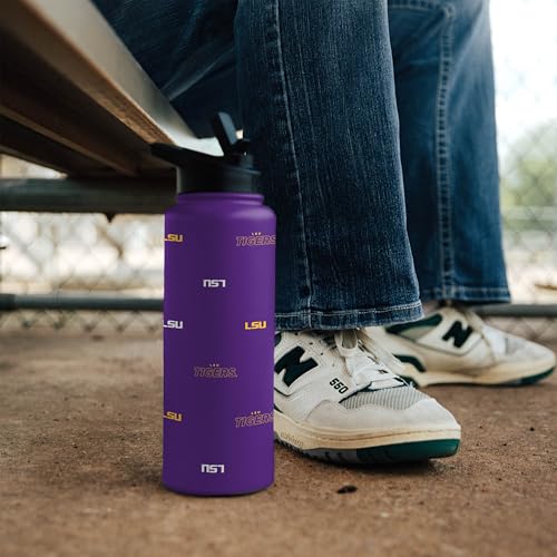 Image of Logo Brands NCAA LSU Tigers Step & Repeat 34 oz Stainless Steel Quencher Bottle - All Over Logo Design, No-Spill Lid, Easy Carry Handle - Keeps Drinks Cold For Hours