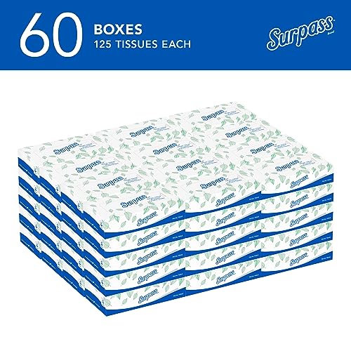 Image of Surpass Facial Tissue, Bulk (21390), 2-Ply, White, Flat Boxed Format, Ecologo, Designed for Business (125 Tissues /Box, 60 Boxes, 7,500 Sheets /Case)