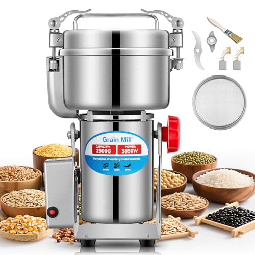 Getreidemühle Elektrische 2500g, Hochgeschwindigkeits-Gewürzmühle 3850W, Pulverisiermaschine aus Edelstahl, für trockene Körner Gewürze Müsli Kaffee Mais Pfeffer Silber