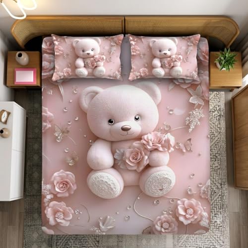 Image of Premium 7D Printed King Size Bedsheet Set with Pillow Covers Soft Cotton Blend Double Bedsheet for Home (Pillow Covers :18x28 inches Bedsheet :90x100 Pink Teddy)