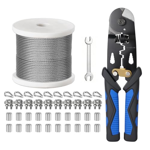 1/8 Inch Stainless Steel Cable 100FT - 7x7 Strand Aircraft Wire Rope with Loop Sleeve and Steel Thimble Wire Clamp Clip Outdoor Hanging kit Garden Fence Marine DIY Projects