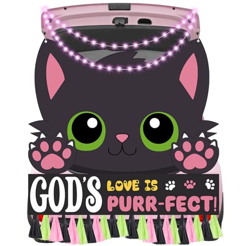 Panelee Halloween Religious Black Cat Trunk or Treat Decoration Kit with Black Cat Banner Tassel Light String Christian Trunk or Treat Car Decor Set for Outdoor Archway Garage Door Party Supplies