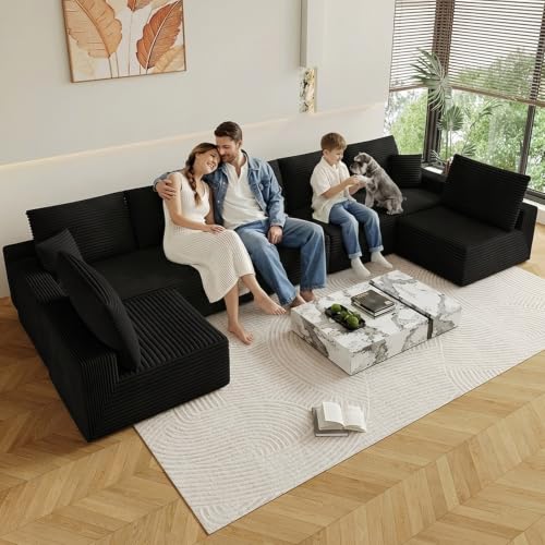 Image of Oversized Modular Sectional Sofa Couch, Large 7 Seater Corner Sofa Modern U Shaped Sectional Couch Cloud Couches for Living Room, Office, Spacious Space, Corduroy, No Assembly Required, Black