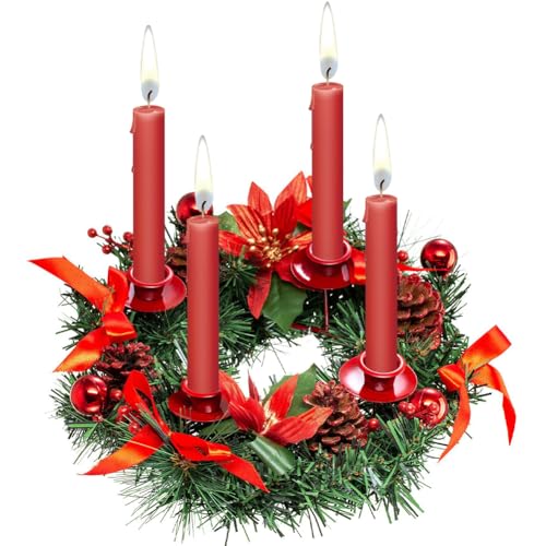 JOYWU Christmas Advent Wreath Candle Holder,12 in Xmas Advent Wreath Decoration with Candle Holder,Red Berries,Pine Cone and Bow,Christmas Table Centerpiece Decor,Not Including Candles (red)