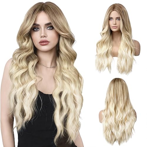 LUFFLOK Longue Perruque Ondulée Ombre Brune à Blonde pour Femmes, 68cm Long Complète bouclé ondulé Chaleur Perruque Synthétique Résistante à la ChaleurCheveux...