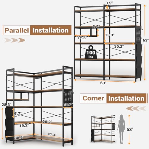 Itaar 5-Tier Corner Bookshelf, Convertible Book Shelf with Storage or 63\" W Bookcase, Tall Bookshelf with Pegboard, Storage Bag & LED Light for Bedroom, Rustic Brown