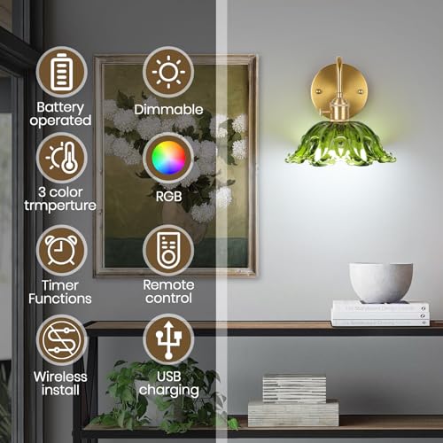 Image of Battery Operated Sconces Set of 2, Vintage Wall Light with Remote, Rechargeable Wall Sconces RGB, No Socket Required Brass Green Glass Lampshade Fixtures, Wall Sconce for Bedroom, Aisle etc