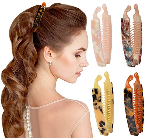 4 Packs Banana Clips Classic Tortoise Claw Clips Clincher Combs Hair Clips for Women Long Short Hair Non-Slip Ponytail Holder Strong Hold Jaw Clips Hair Grip Catch Barrette