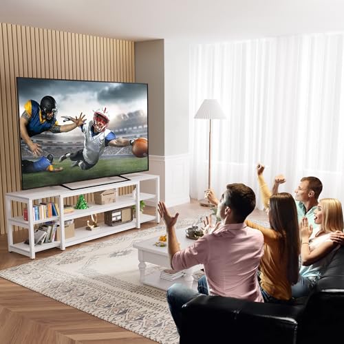 Image of Aquzee White TV Stand for up to 85inch, Entertainment Center for 70 75 80 85 inch TV, 75.2 inch Wide Wood Television Console Table for Living Room Bedroom Gaming Room