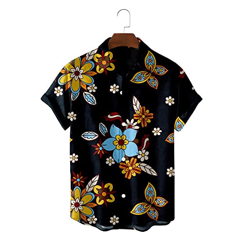 Chemise hawaïenne H3TF5J noire à manches courtes pour homme style vintage