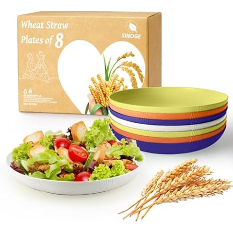SINOGE 10 Inch Wheat Straw Plates, Dinner Plates Set of 8, Lightweight Unbreakable Colorful Plates Set, Microwave and Dishwasher Safe Deep Plates for Dinner, Kitchen, Outdoor- Sunset Feast Cover
