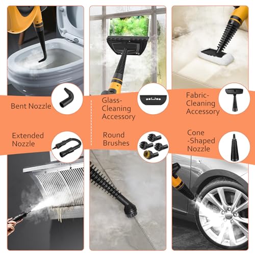Image of Phueut Pressurized Handheld Multi-Surface Natural Steam Cleaner with 12 pcs Accessories, Multi-Purpose Steamer for Home Use, Steamer for Cleaning Floor, Upholstery, Grout and Car (Orange)