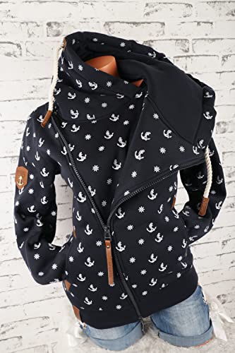 VIN TE Damen Sweat Jacke XXL Kapuze Hoodie Übergangsjacke Fleece gefüttert schräger Reißverschluss verschiedene Modelle Anker Pfote M - 3XL (as3, alpha, 3x_l, regular, regular, Blau-1797, 3XL)