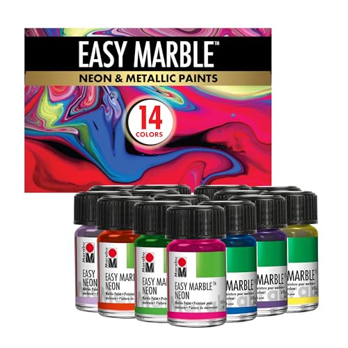Marabu Easy Marble Paint Set 14 Neon and Metallic Colors Solvent-Based Hydro Dipping Paint for Water Marbling on Plastic Wood Paper Glass 15ml (0.5 fl. oz) Bottles