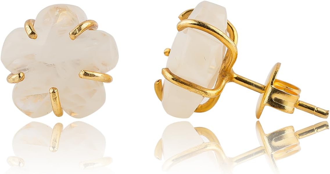 AAA Grade Natural Gemstone Stud Earrings – Handmade in Gold Plated | Healing Crystals | Classic 5-Prong Earrings | Flower Studs | Elegant Christmas Gift for Women