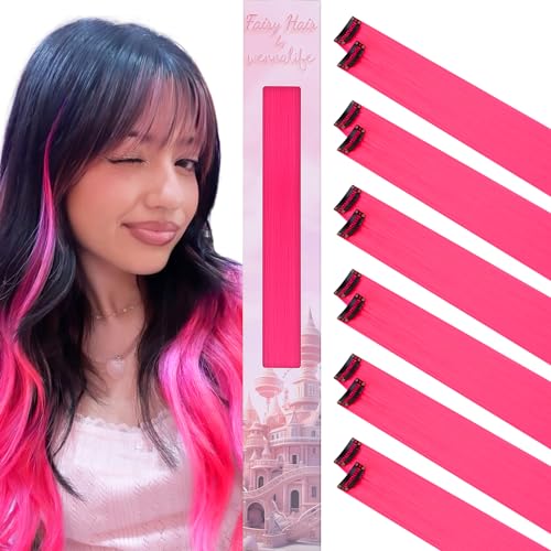 Image of WENNALIFE 12 PCS Hot Pink Hair Extensions Clip in, Colored Clip in Hair Extensions for Kids Highlights Rainbow Hair Clips for Girls Synthetic Straight Pop-up Style Colorful Girls Hair Accessories
