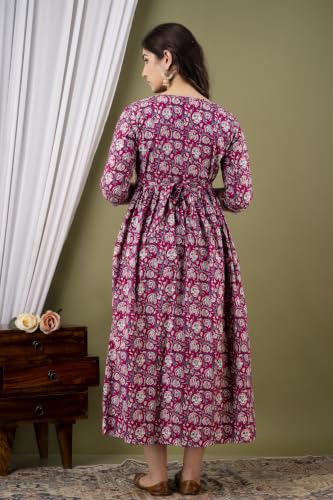 Image of Amazon Brand - Tavasya Women Botanical Floral Printed Maternity Midi Dress | Round Neck | 3 /4 Ruffle Sleeves | Concealed Feeding Zip | Gathered Tiered Nursing Dress