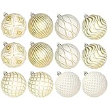Lanpn 12 Pcs 10cm Large Christmas Ball Baubles, Outdoor Xmas Tree Balls Ornament, Shatterproof Christmas Bauble Decorations Set for Home Winter Holiday, Assorted Relief Pattern, White & Gold