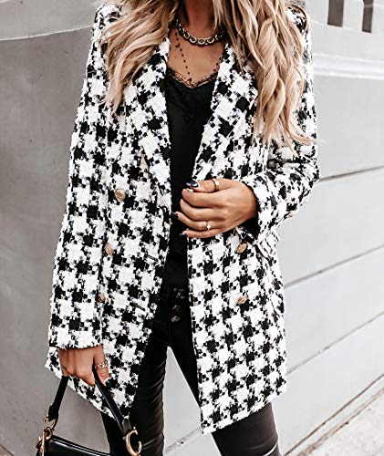 Sexyshine Women's Houndstooth Double Breasted Coat Notch Lapel Wool Blend Pea Coat Mid Long Plaid Blazer Jacket4