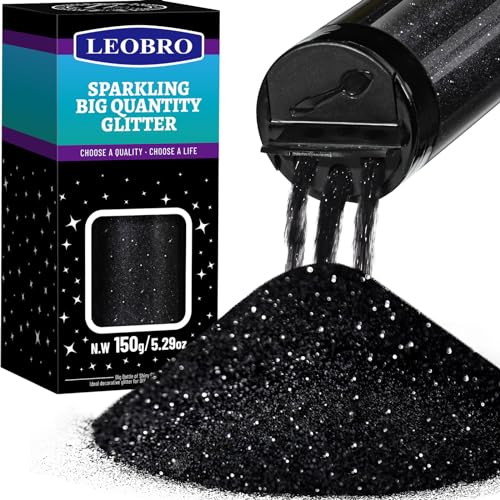 LEOBRO Black Glitter Powder, 150g/5.29oz Fine Glitter for Crafts Resin, Tumbler, Candle, DIY Projects 0.2MM
