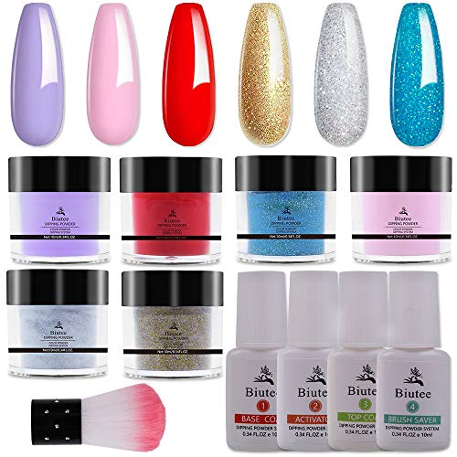 Biutee Dipping Powder System Kit Dipping Powder Starter System 6 Boxes 0.34OZ with Base Coat Top Activator Brush Saver Nail Brush Glitter Powder Dip Powder Nail Kit ​Nail Acrylic Powders Liquids