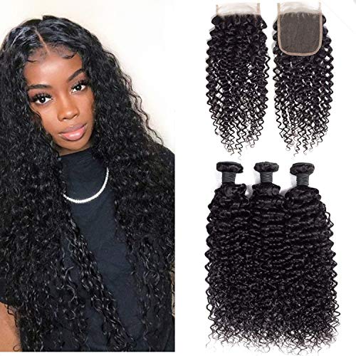 Msjoli Brazilian Virgin Human Curly Hair 3 Bundles With Closure 16 18 20+14 Jerry Curly Hair Weave Bundles With 4X4 Free Part Closure Natural Black (16/18/20+14, Bundles With Closure)
