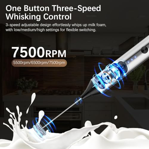 Image of Rechargeable Milk Frother with Stand,3-Speed Handheld Coffee Electric Whisk, Detachable Stainless Steel Frother Wand, Coffee Frother & Drink Mixer for Latte, Cappuccino, Hot Chocolate, Egg (Silver)