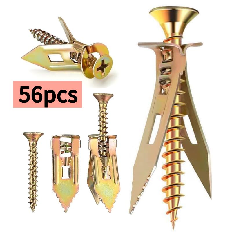 56pcs Self-Drilling Drywall Anchors and Screws Kit, No Drill Metal Wall Anchors for Plasterboard & Gypsum, Heavy Duty Steel Expansion Bolts with Zinc Screws for Hanging Decor & Shelves - 56 Sets