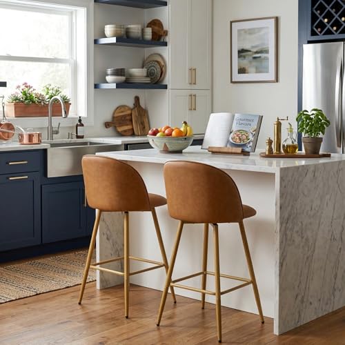 Homy Casa Set de 2 Butacos de Altura para Barra, Giro 360°, Asiento Tapizado en Poliuretano Marrón con Patas Metálicas Estilo Madera de Nogal – Ideal para Cocina, Comedor y Bar – Altura del Asiento 26 pulgadas miniatura 4