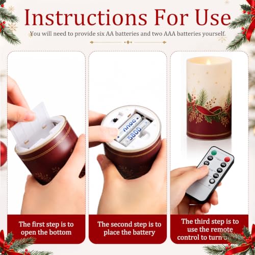 Image of Tujoe 3 Pcs Christmas Flameless Candle Burgundy Emerald Gold Pillar Candle