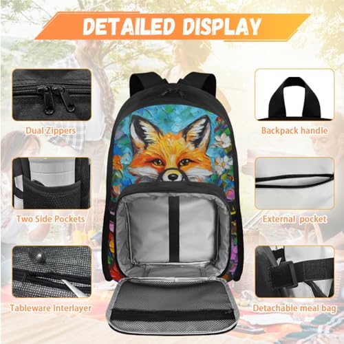 Doojoayie Bookbag and Lunch Box Set for Girls Fox Backpack for School Lightweight Kids Back Pack Cute Girls School Bag 3rd Grade Backpack for Primary Elementary Student3