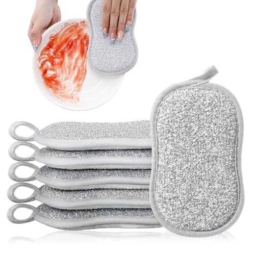 Ruvan 6 Piezas Estropajo Cocina, Estropajos Cocina Reutilizables De Doble Cara, 16×9×1.5 Cm Esponja De Limpieza Reutilizable De Microfibra, Para Cubiertos, Baño, Cristal (Gris)