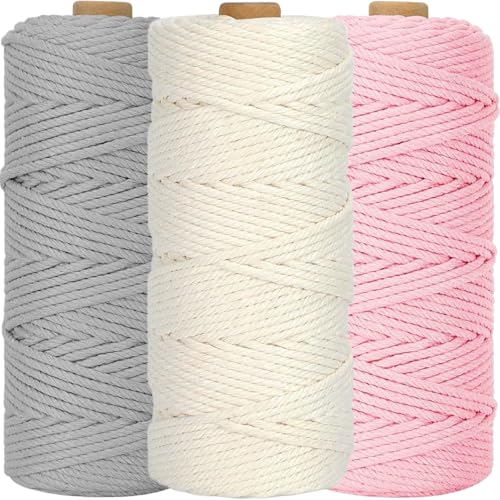3 Stück Makramee Garn 3mm x100m WINOK Bunte Makramee-Schnur DIY Naturgarn Baumwollschnur Baumwollgarn Schnur Baumwollkordel für Wandpflanze Handwerk - Weiß Hellrosa Hellgrau