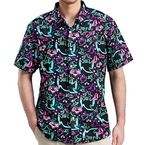 Giggling Getup Hawaiian Shirt for Men Casual Summer Beach Shirts Short Sleeve Button Down Ghost Printed (Black-L)