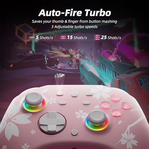 Image of Mytrix Wireless Controllers for Switch /Switch 2, Windows PC iOS Android Steam /Steam Deck, Sakura Pink Bluetooth Controller with Programmable, Hall Effect Joysticks, Adjustable LED Light /Turbo /Vibration