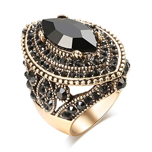 Ckhao Women Ring - Big Size Antique Gold Plated Turkish Style Black Gemstone Vintage Ring Women Jewelry J0769Blk (9) #TOP22