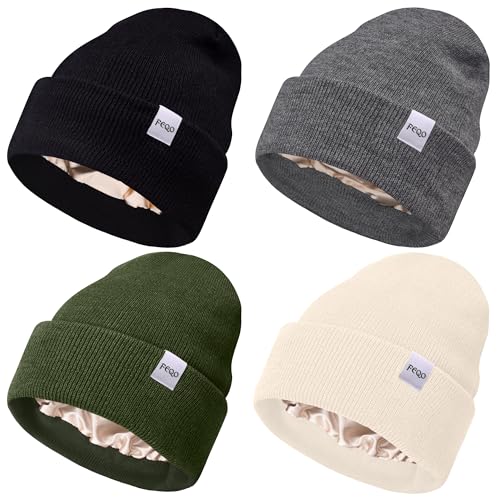 FEQO 4 Pack Satin Lined Winter Beanie Hats Soft Silk Lined Beanies Knit Warm Cuffed Hats for Women Men(Black, Dark Grey, Pine Green, Beige)